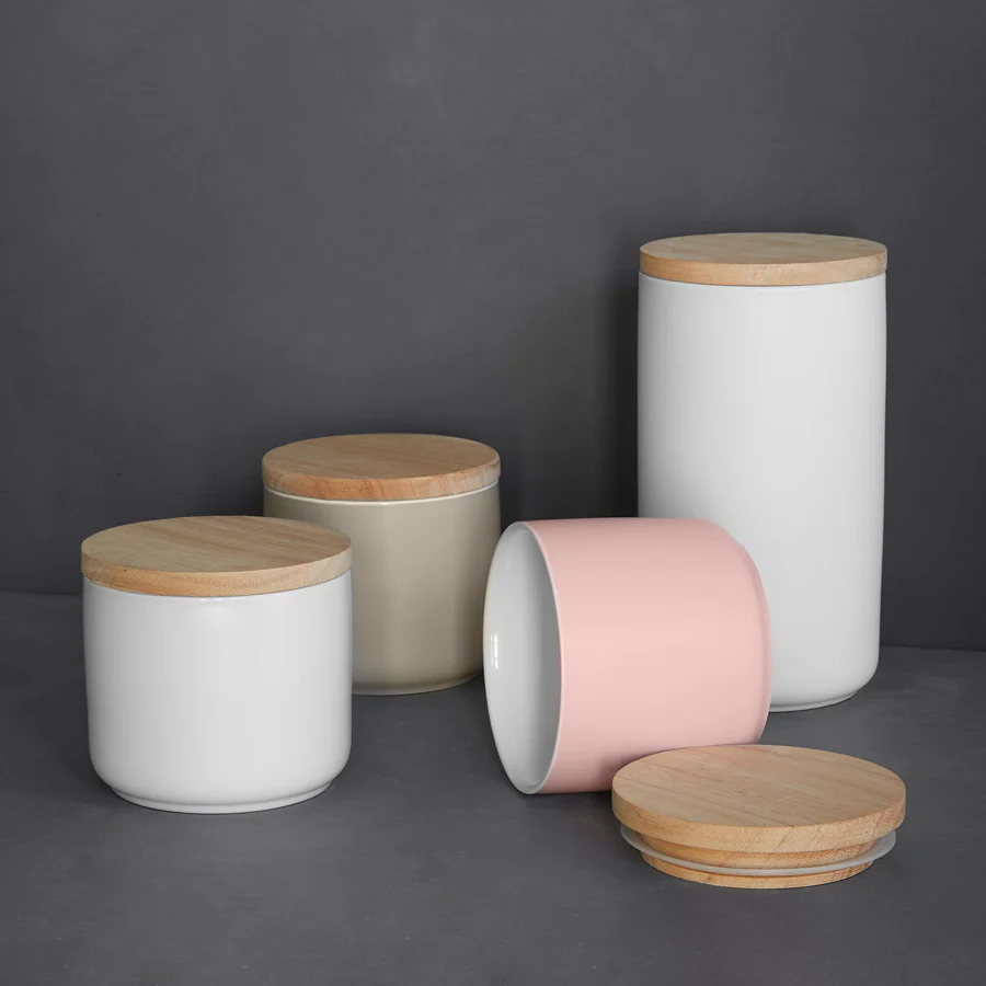Keramik Vorratsdosen Sweet Scandi mit Holzdeckel - 10,1 x 18,3 cm - Rosa/Braun - Image 4